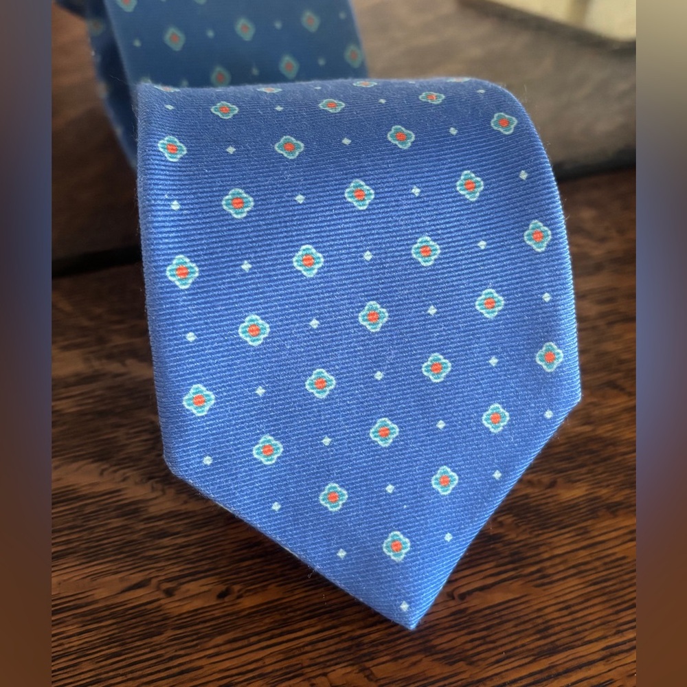 Kiton Seven Fold Blue with Tangerine and and Sea green Neats Long 60” Tie